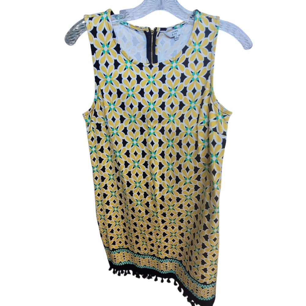 Crown & Ivy Womens Yellow Navy Floral Geometric Tassel Hem Shift Dress Small